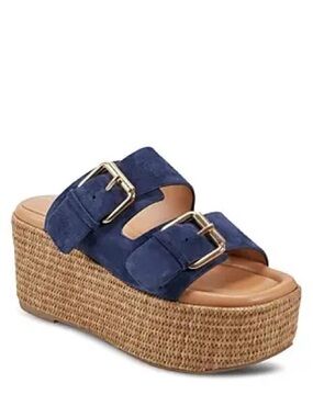 Marc Fisher Navy Suede Double-Buckle Woven Platform Slide